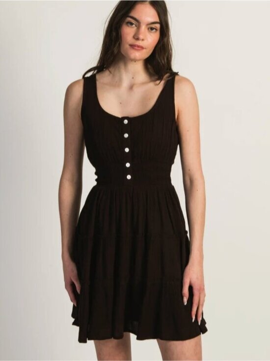 Patrons of Peace Dresses & Skirts - Patrons of Peace Olinda Tiered Dress Medium Brown Button Front Strappy Rayon